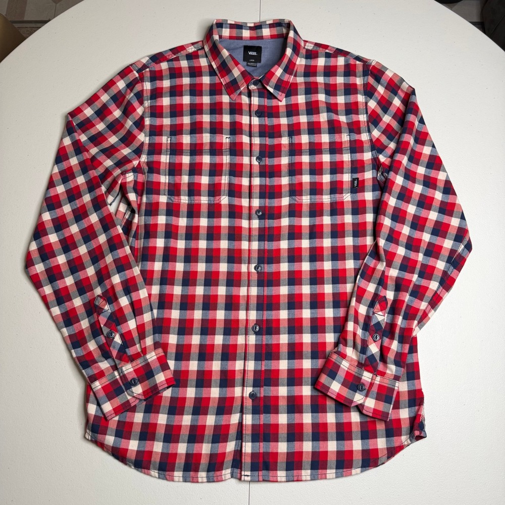 Vans Mens Large Tailored Fit Plaid Button Down Shirt Red White Blue Long Sleeve